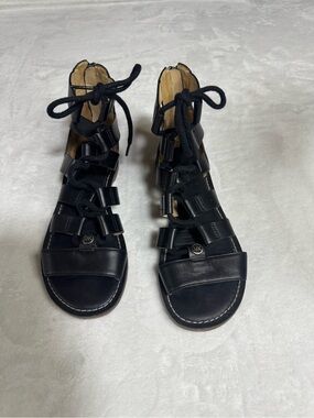 Michael Kors Black Leather Lace-Up Gladiator Sandals with MK Charm